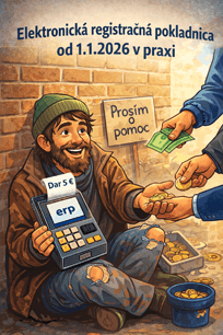 Karikatúra zobrazujúca elektronickú registračnú pokladnicu od 1.1.2026 v praxi – žobrák prijíma dar 5 € a vydáva potvrdenie z ERP
