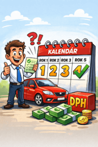 Karikatúra podnikateľa pri predaji firemného auta, ktorý po piatich rokoch nemusí vracať DPH