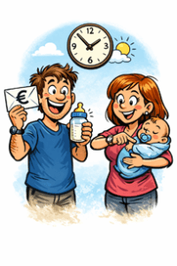 Karikatúra rodičov s dieťaťom a kalendárom znázorňujúca vznik a zánik nároku na materské pre matky aj otcov podľa lehotníka Sociálnej poisťovne