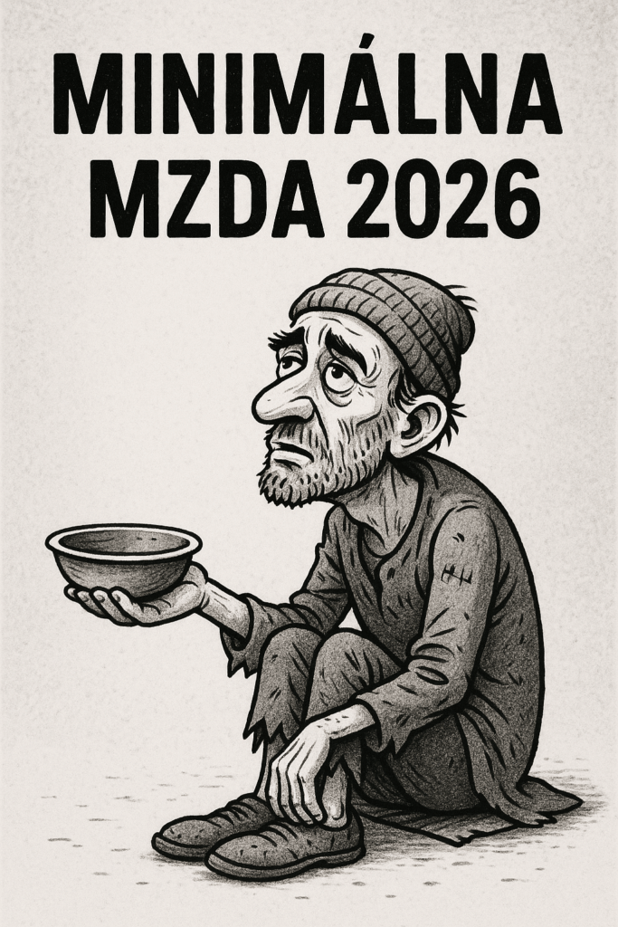 Karikatúra žobrajúceho muža znázorňujúca tému minimálnej mzdy v roku 2026