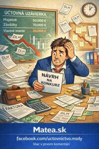 Karikatúra konateľa s návrhom na konkurz pri predĺžení spoločnosti a zápornom vlastnom imaní