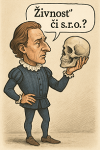 Karikatúra Hamleta s lebkou – dilema podnikateľa živnosť alebo s.r.o.