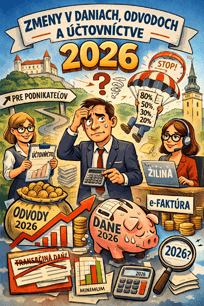 Karikatúra zmien v daniach, odvodoch a účtovníctve v roku 2026 pre podnikateľov v Žiline